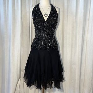DANCE silk chiffon dress w/deep plunge back, hi/low skirt hem/beaded halter-NWT
